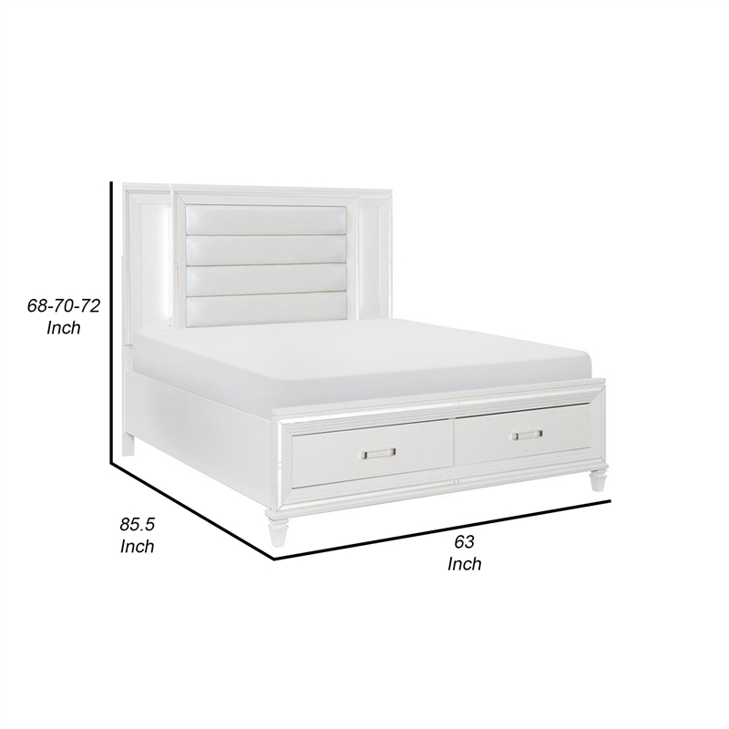 Benjara Delcy Queen Platform Bed-LED Headboard-2 Drawer Footboard-Mirror-White