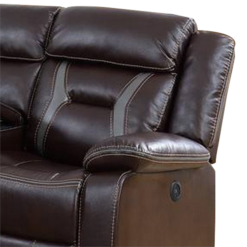 Benjara Lof Power Reclining Sectional Sofa Set- USB Port- Brown Gel Faux Leather
