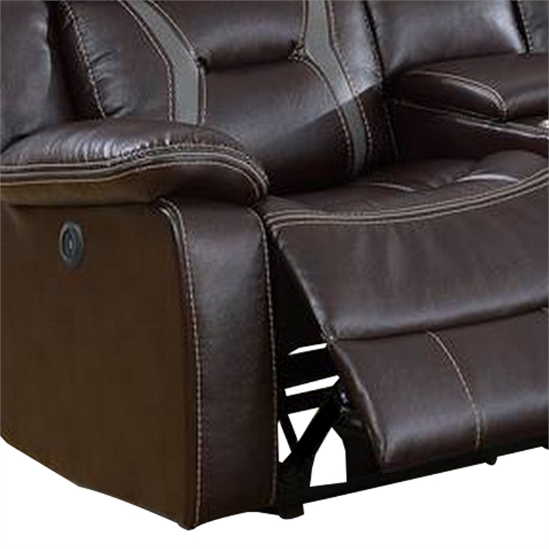 Benjara Lof Power Reclining Sectional Sofa Set- USB Port- Brown Gel Faux Leather