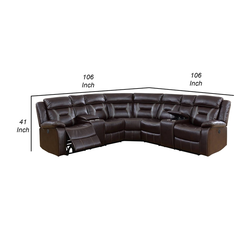 Benjara Lof Power Reclining Sectional Sofa Set- USB Port- Brown Gel Faux Leather
