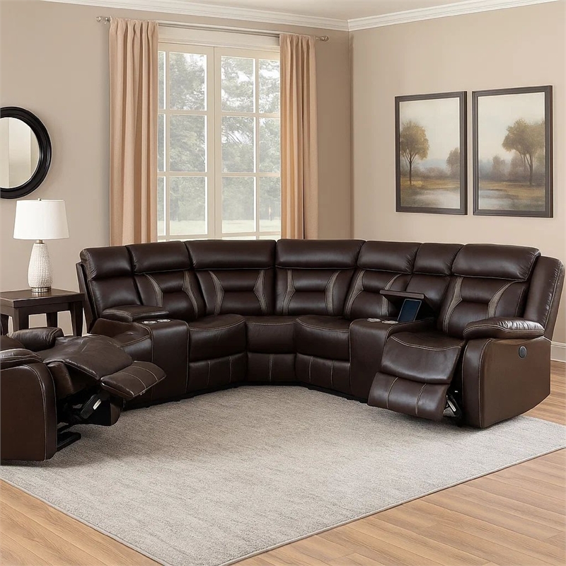 Benjara Lof Power Reclining Sectional Sofa Set- USB Port- Brown Gel Faux Leather