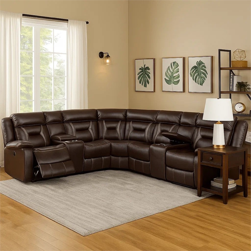 Benjara Lof Power Reclining Sectional Sofa Set- USB Port- Brown Gel Faux Leather
