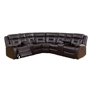 Benjara Lof Power Reclining Sectional Sofa Set- USB Port- Brown Gel Faux Leather