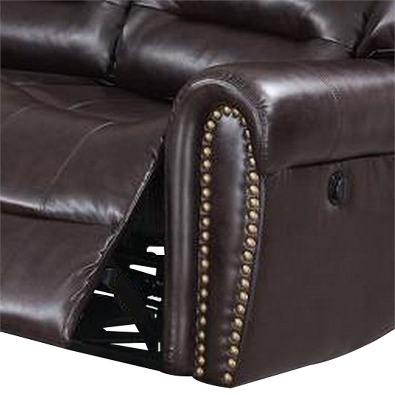Benjara Qox Power Reclining Sectional Sofa Set- USB Port- Bonded Leather- Brown