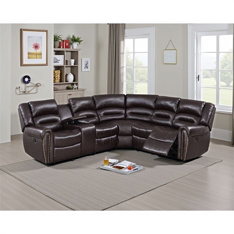 Benjara Qox Power Reclining Sectional Sofa Set- USB Port- Bonded Leather- Brown