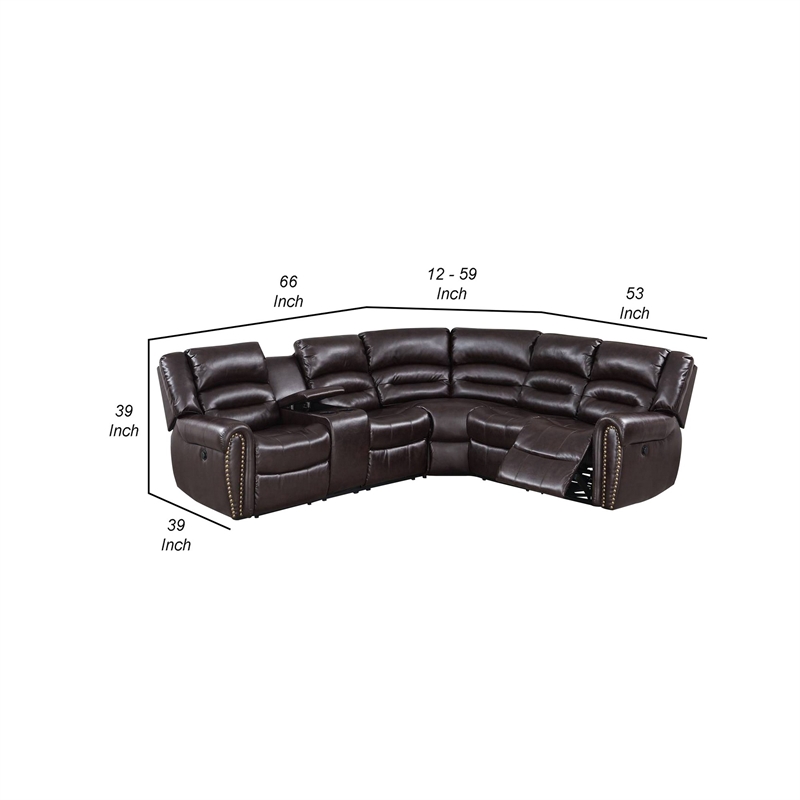 Benjara Qox Power Reclining Sectional Sofa Set- USB Port- Bonded Leather- Brown