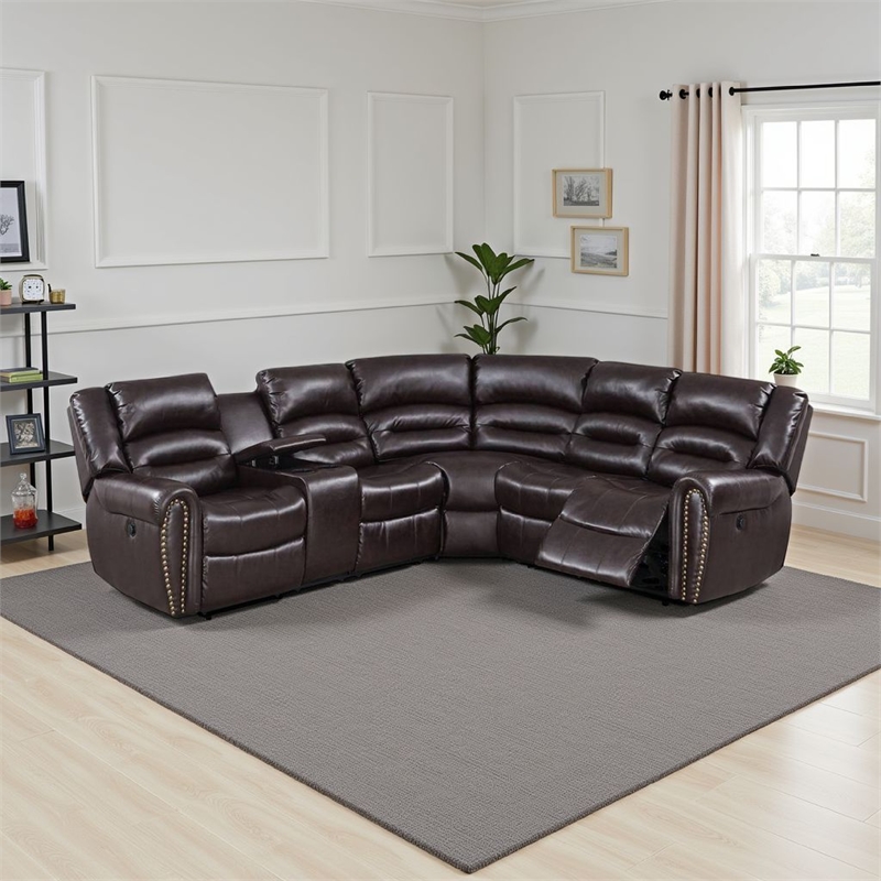 Benjara Qox Power Reclining Sectional Sofa Set- USB Port- Bonded Leather- Brown