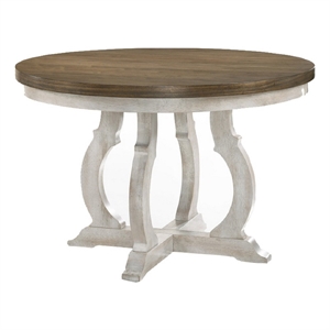 Benjara 47&quot Wood Round Dining Table- Distressed White Pedestal Base- Brown Top