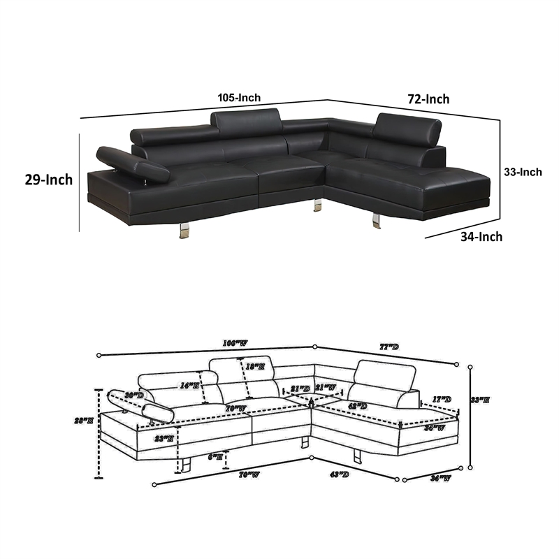 Benjara Cree 2 PC Modern Sectional Sofa with Chaise- Adjustable Headrests- Black