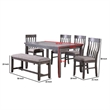 Benjara 6 Piece Dining Set with Table- 4 Chairs & Bench- Wood Frame- Gray Fabric