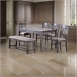 Benjara 6 Piece Dining Set with Table- 4 Chairs & Bench- Wood Frame- Gray Fabric
