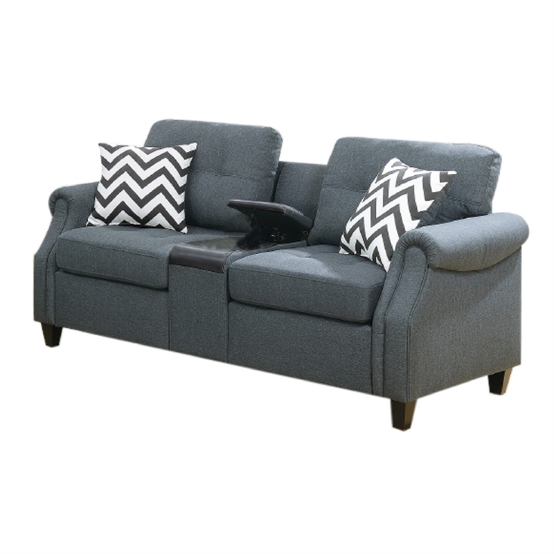 Benjara Modern 2 PC Sofa Set- Loveseat & Pillows- USB Console- Cupholder- Gray