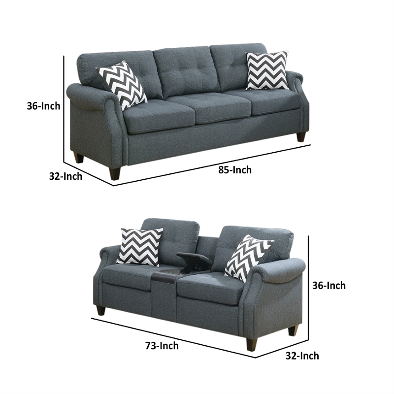 Benjara Modern 2 PC Sofa Set- Loveseat & Pillows- USB Console- Cupholder- Gray