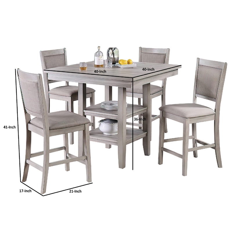 Benjara 5 Piece Counter Height Dining Set- Table & 4 Chairs- Padded Seats- Gray