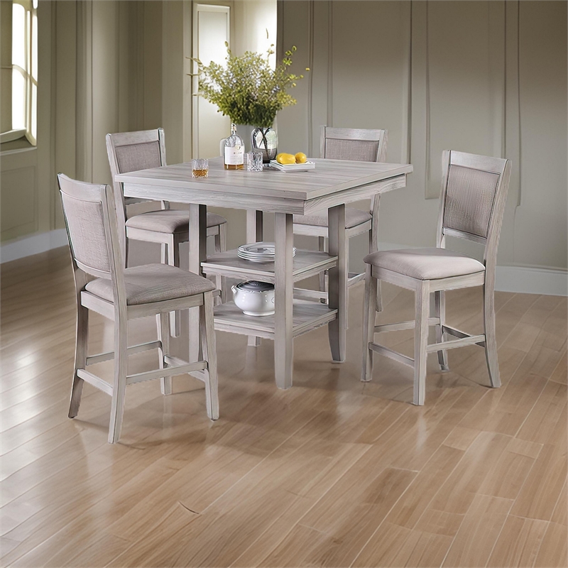 Benjara 5 Piece Counter Height Dining Set- Table & 4 Chairs- Padded Seats- Gray