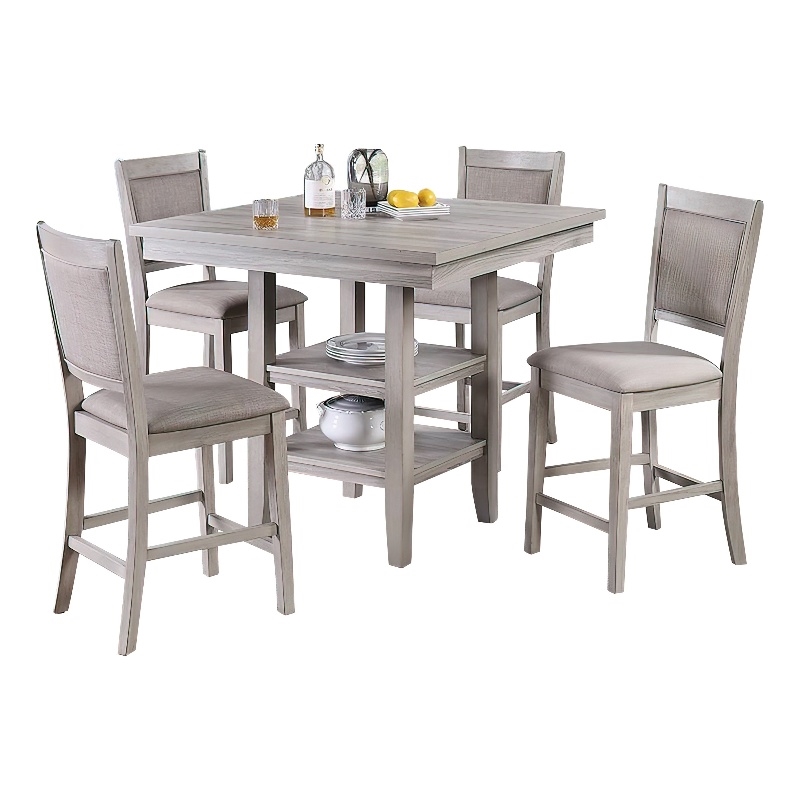 Benjara 5 Piece Counter Height Dining Set- Table & 4 Chairs- Padded Seats- Gray