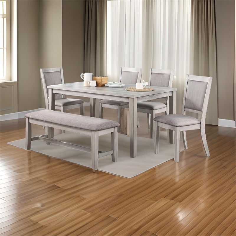 Benjara Modern 6 PC Dining Set with Table- 4 Chairs & Bench- Plush Seats- Gray