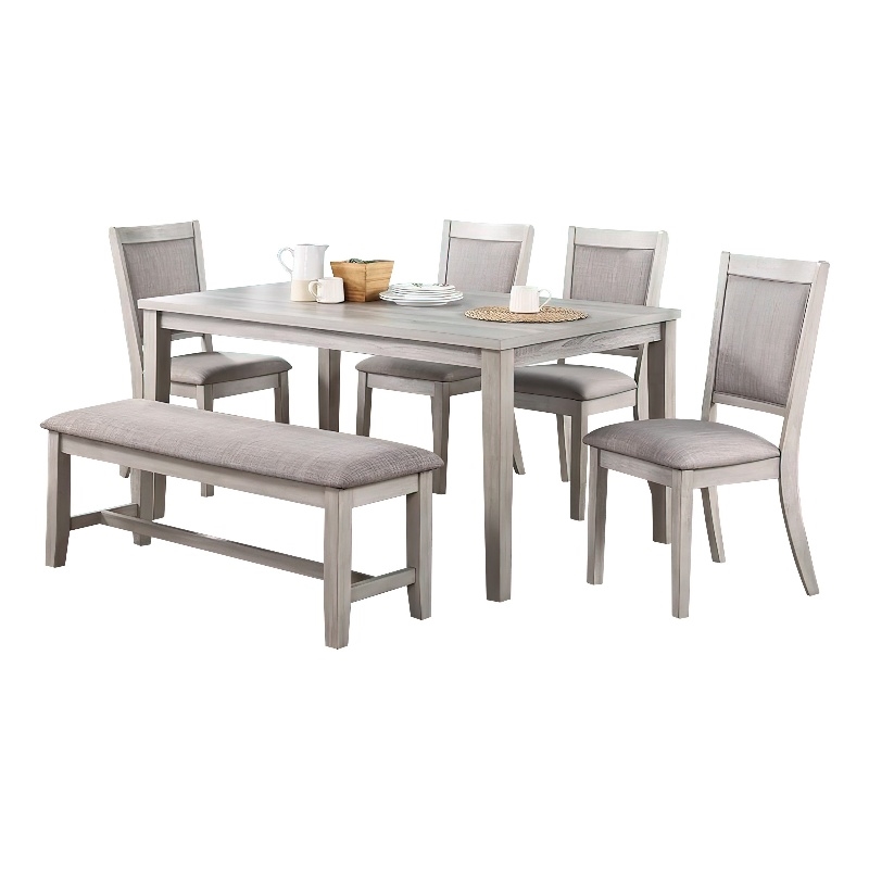 Benjara Modern 6 PC Dining Set with Table- 4 Chairs & Bench- Plush Seats- Gray