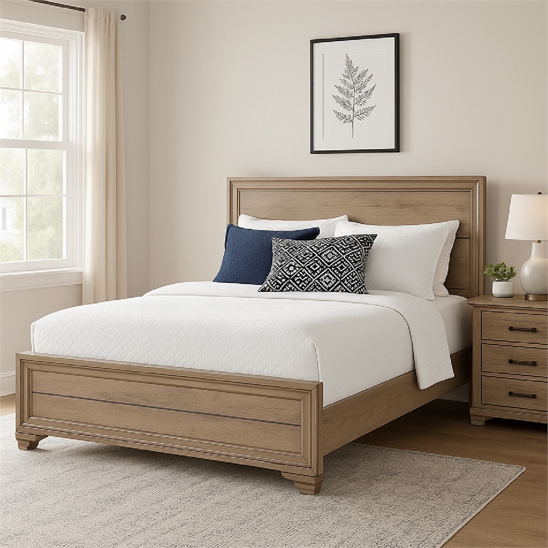 Benjara Contemporary Queen Bed- Rustic Wood Panel Headboard- Natural Brown