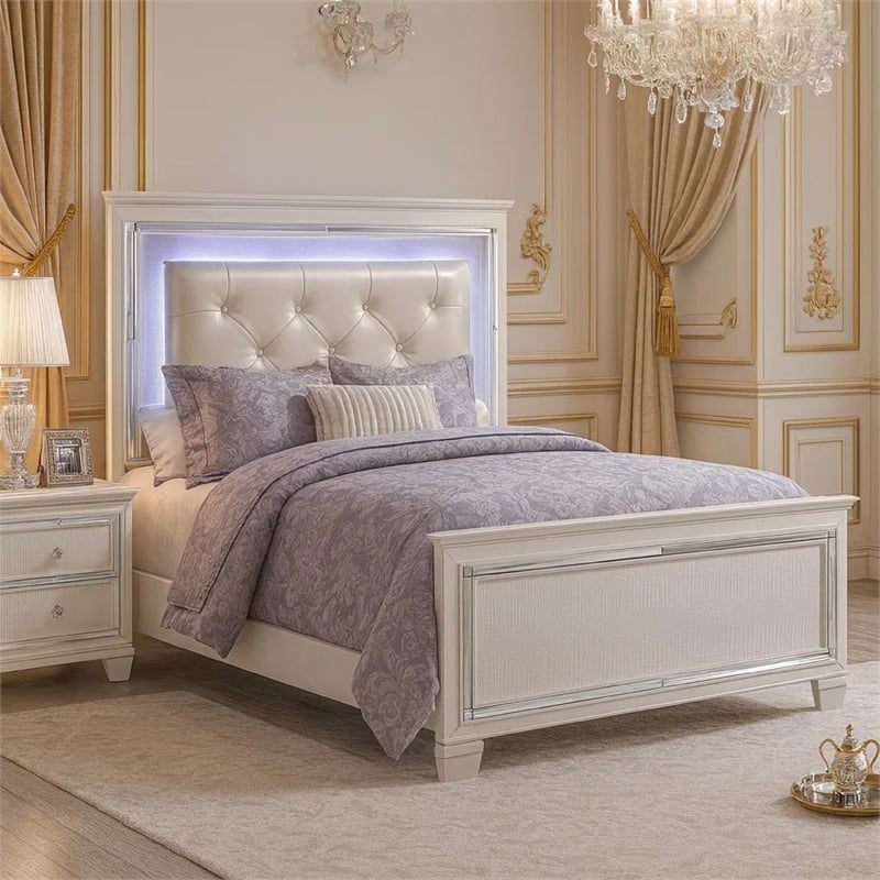 Benjara Noah California King Bed- LED Backlit Crystal Tufted Headboard- White