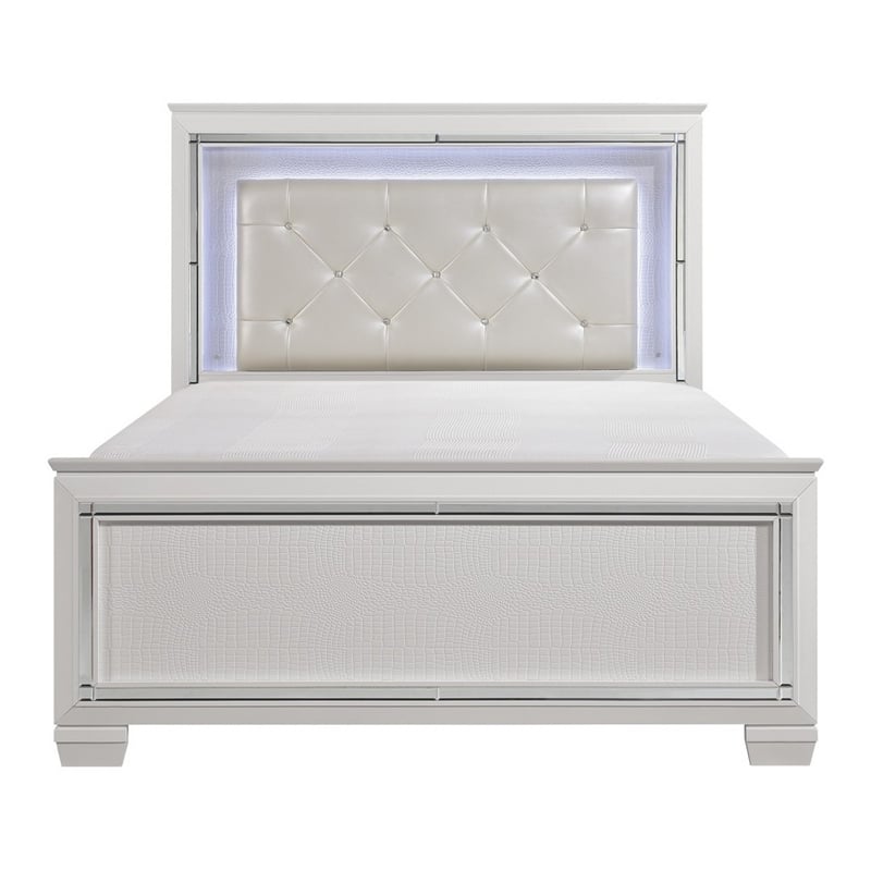 Benjara Noah California King Bed- LED Backlit Crystal Tufted Headboard- White