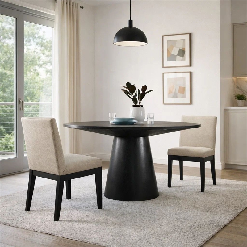Benjara 3 Piece Wood Dining Table Set- Padded Backrests- Round Surface- Beige