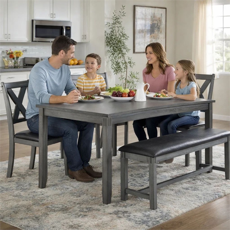 Benjara Modern 6 PC Dining Set with Table- 4 Chairs & Bench- Gray Faux Leather