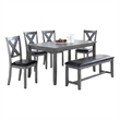 Benjara Modern 6 PC Dining Set with Table- 4 Chairs & Bench- Gray Faux Leather
