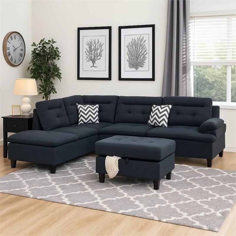 Benjara Olga 3 Piece L Shape Sectional Sofa with Ottoman- 2 Throw Pillows- Black