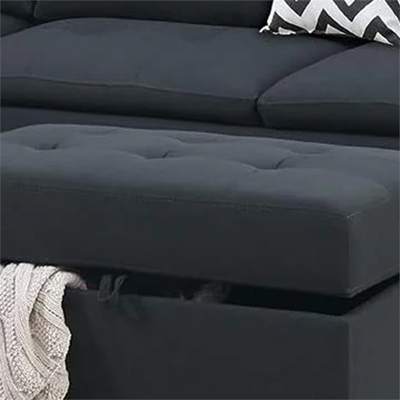Benjara Olga 3 Piece L Shape Sectional Sofa with Ottoman- 2 Throw Pillows- Black