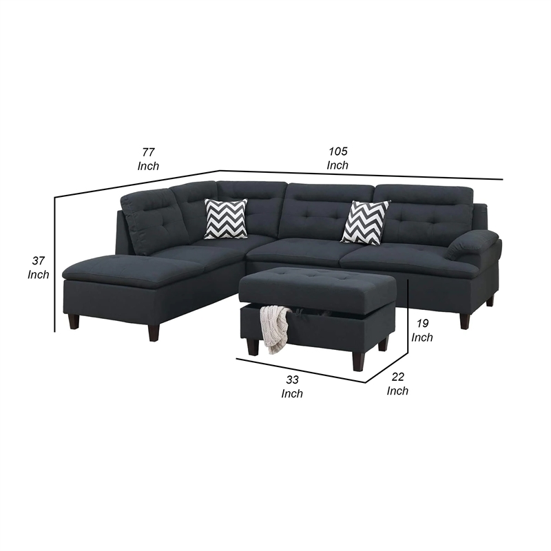 Benjara Olga 3 Piece L Shape Sectional Sofa with Ottoman- 2 Throw Pillows- Black