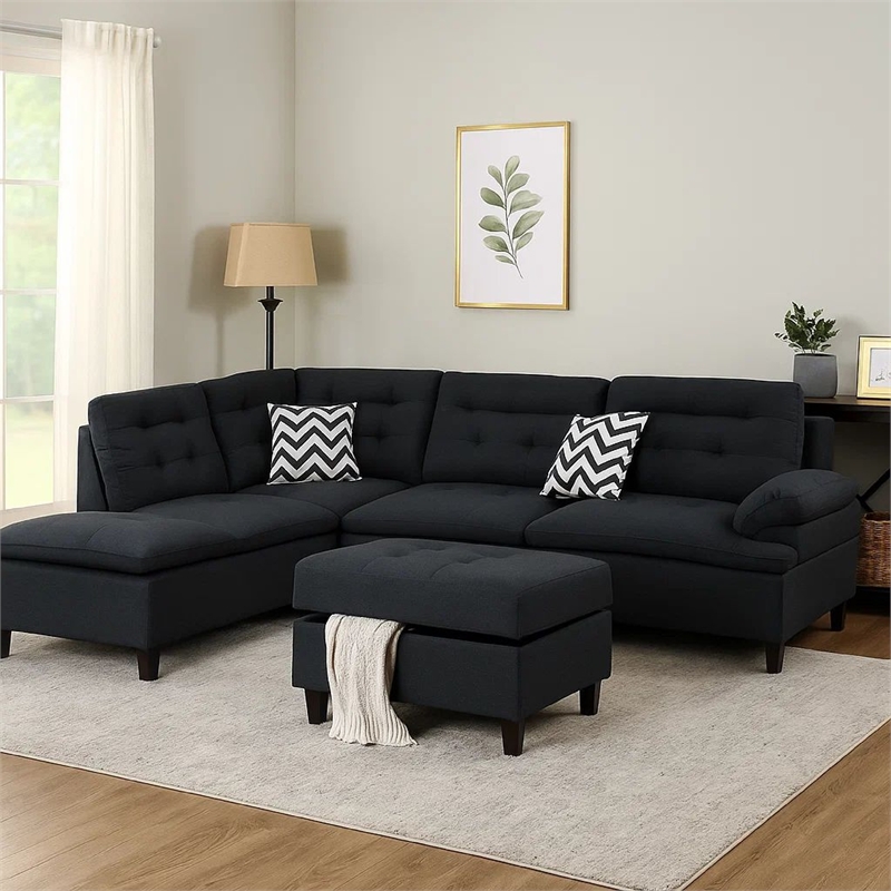 Benjara Olga 3 Piece L Shape Sectional Sofa with Ottoman- 2 Throw Pillows- Black