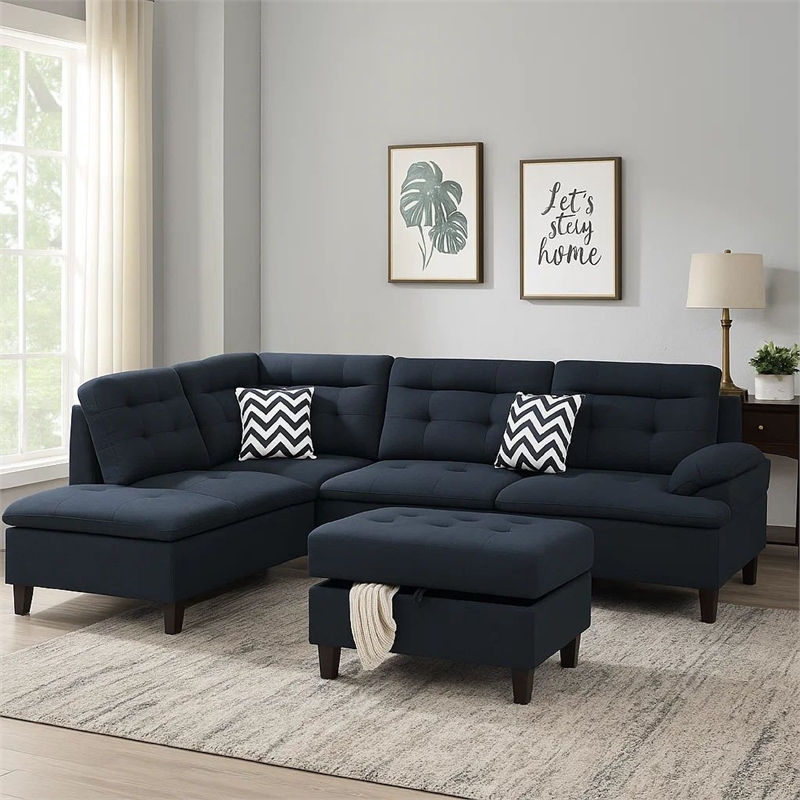 Benjara Olga 3 Piece L Shape Sectional Sofa with Ottoman- 2 Throw Pillows- Black