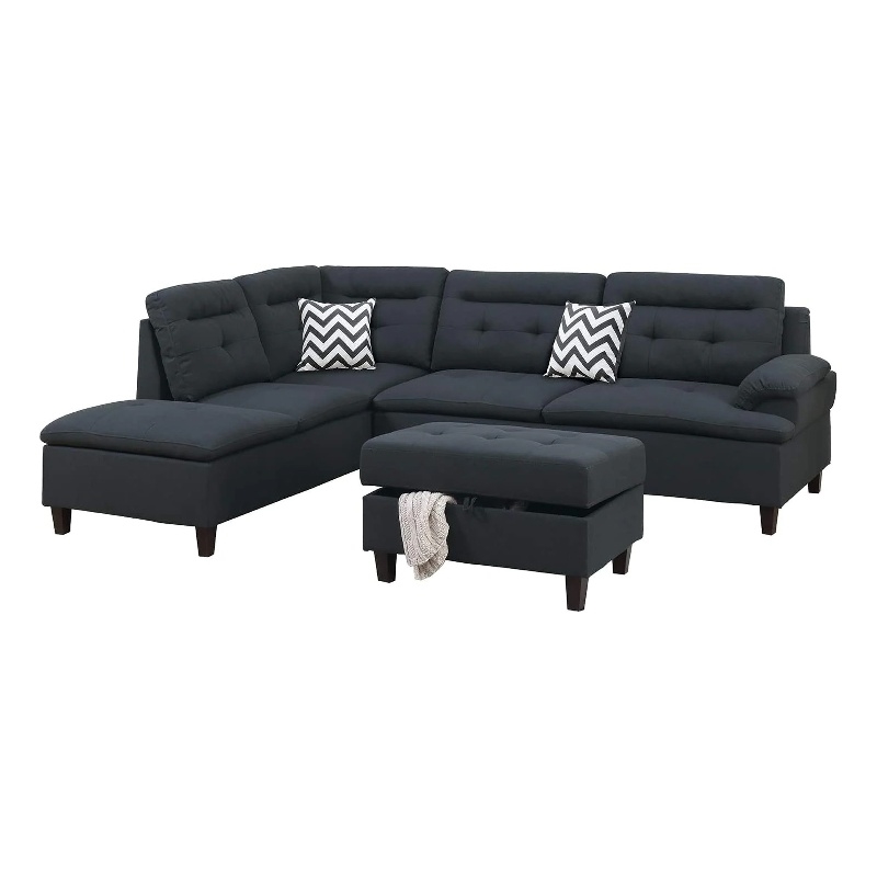 Benjara Olga 3 Piece L Shape Sectional Sofa with Ottoman- 2 Throw Pillows- Black