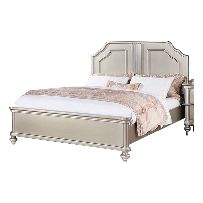 Benjara Opp Platform California King Bed with Panel Headboard- Champagne Silver