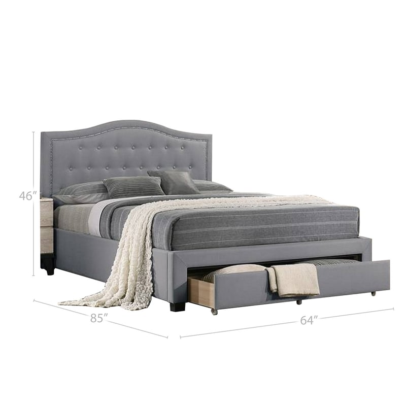 Benjara Buk Upholstered Tufted Queen Bed w/ Storage- Nailhead Trim- Gray Burlap