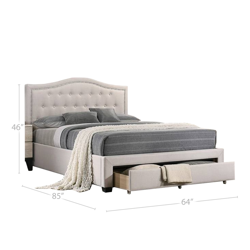 Benjara Buk Upholstered Tufted Queen Bed w/ Storage-Nailhead Trim-Ivory Burlap