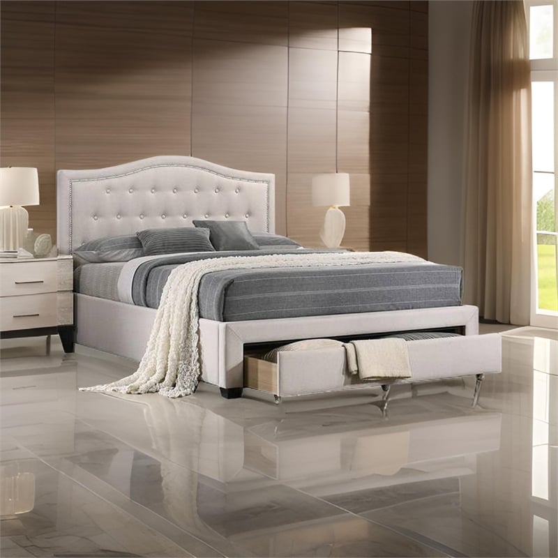 Benjara Buk Upholstered Tufted Queen Bed w/ Storage-Nailhead Trim-Ivory Burlap