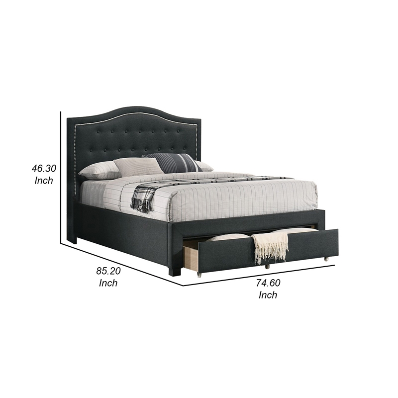 Benjara Buk King Upholstered Bed w/ Tufted Headboard-Charcoal Burlap Upholstery