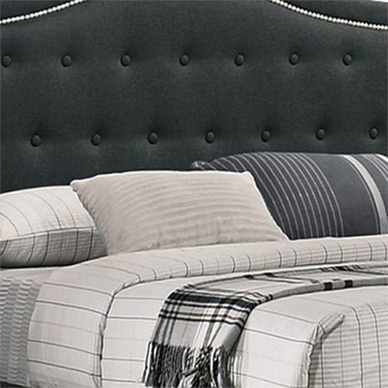 Benjara Buk King Upholstered Bed w/ Tufted Headboard-Charcoal Burlap Upholstery