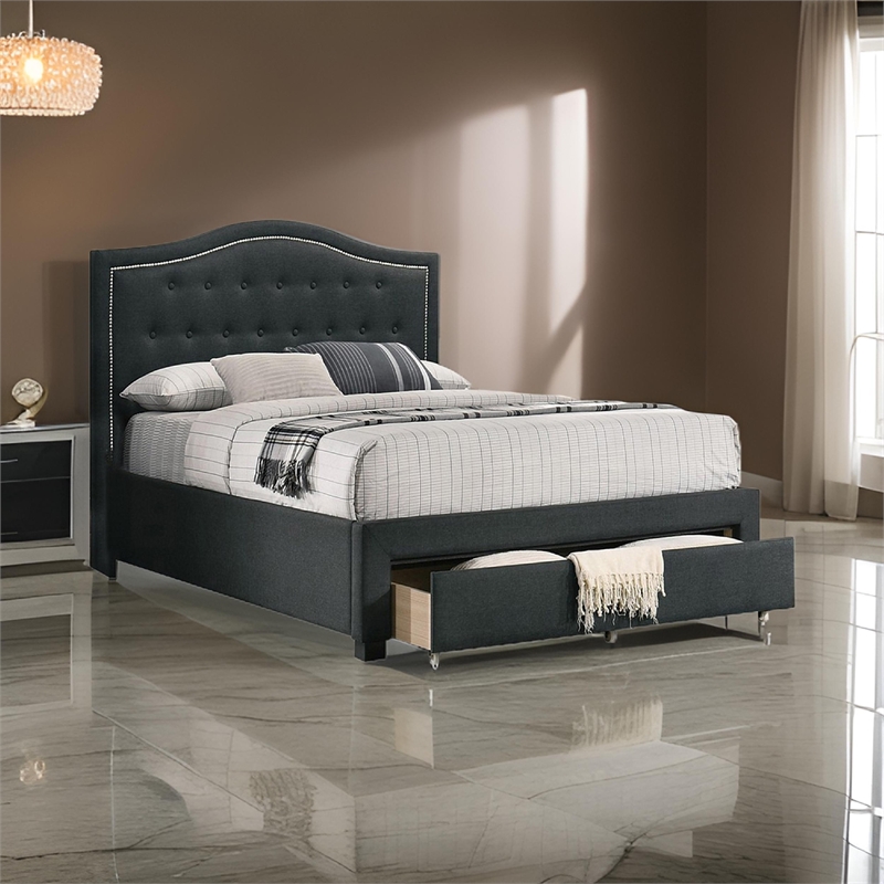 Benjara Buk King Upholstered Bed w/ Tufted Headboard-Charcoal Burlap Upholstery