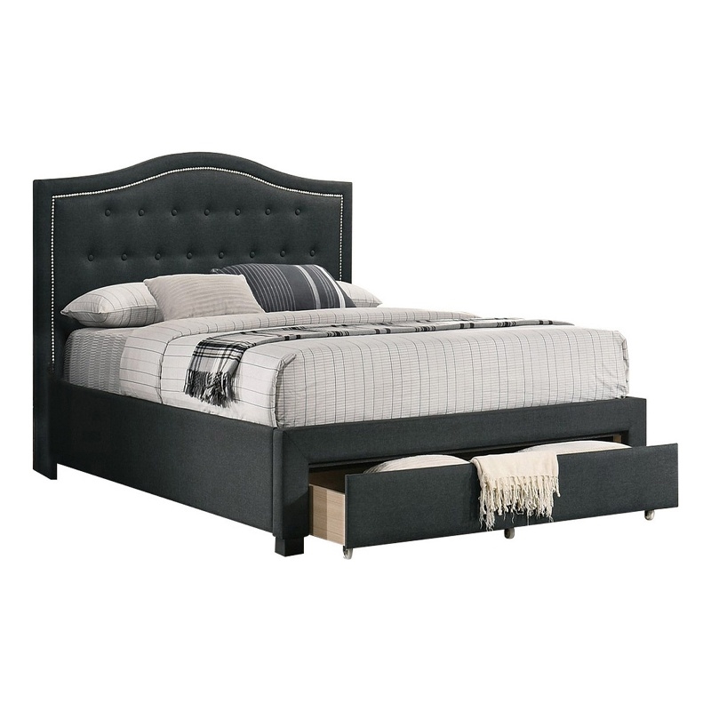 Benjara Buk King Upholstered Bed w/ Tufted Headboard-Charcoal Burlap Upholstery