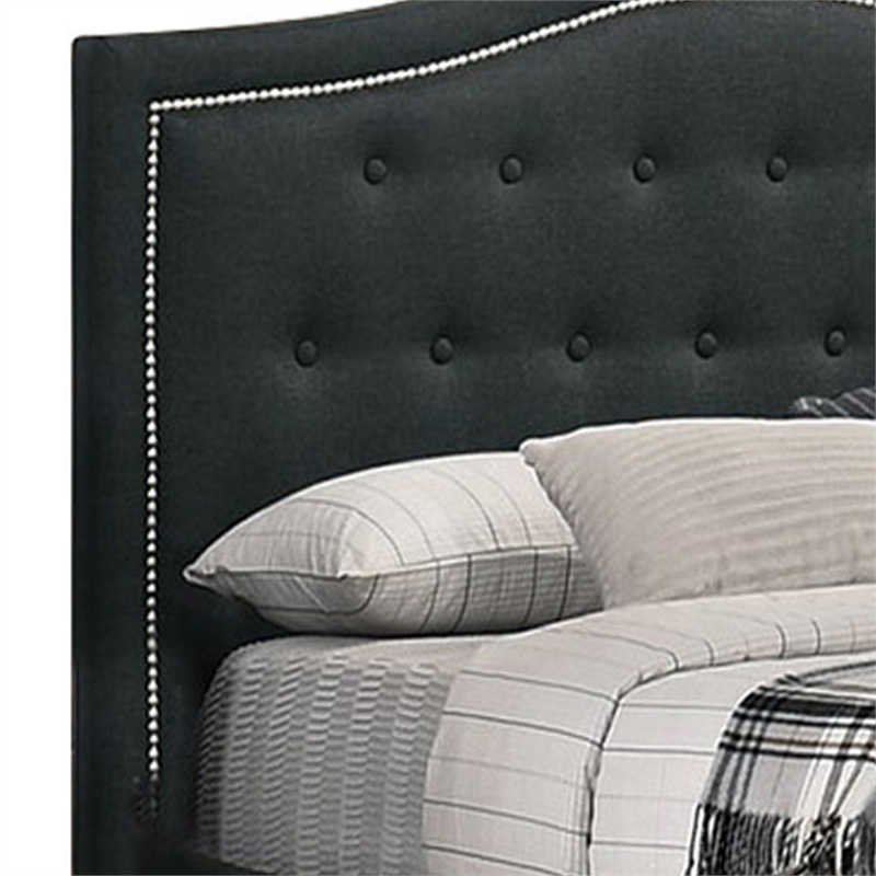 Benjara Buk King Upholstered Bed w/ Tufted Headboard-Charcoal Burlap Upholstery