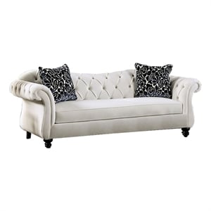 Benjara Div 87&quot Chesterfield Sofa- 2 Pillows- Reverse Camelback- White Velvet
