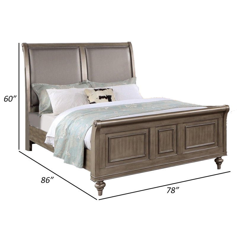 Benjara Ella Modern King Size Bed- Faux Leather Upholstery- Nailhead Trim- Gold