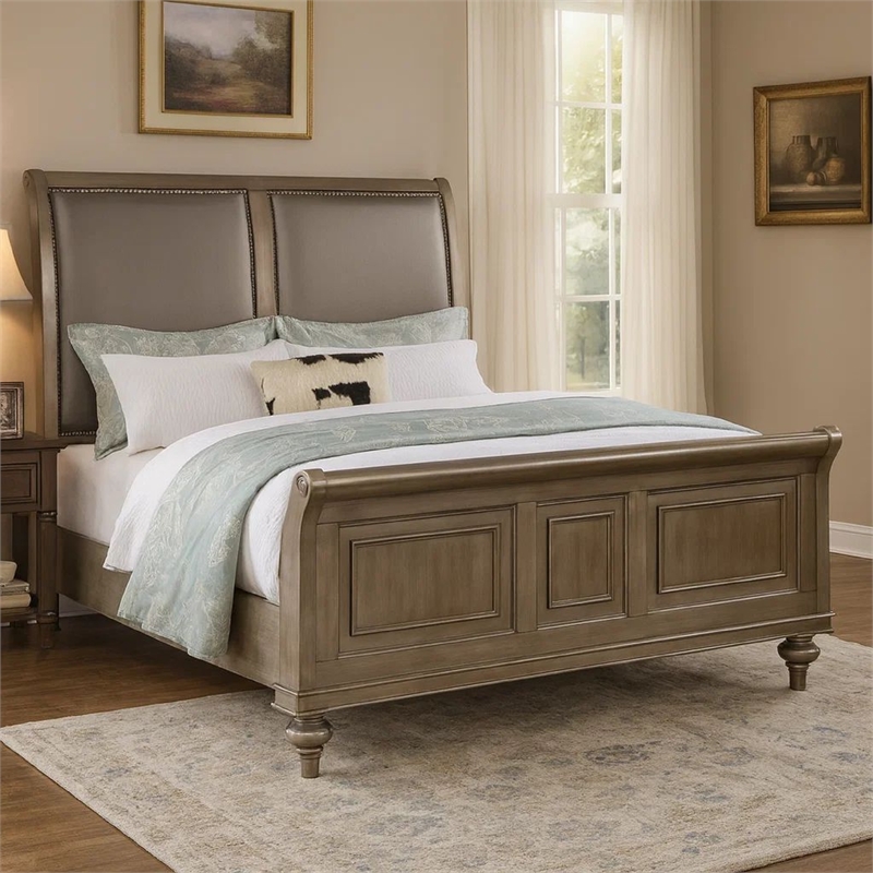 Benjara Ella Modern King Size Bed- Faux Leather Upholstery- Nailhead Trim- Gold