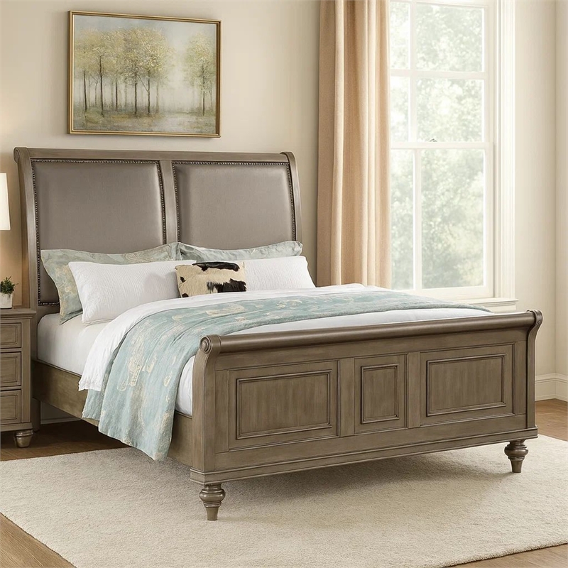 Benjara Ella Modern King Size Bed- Faux Leather Upholstery- Nailhead Trim- Gold