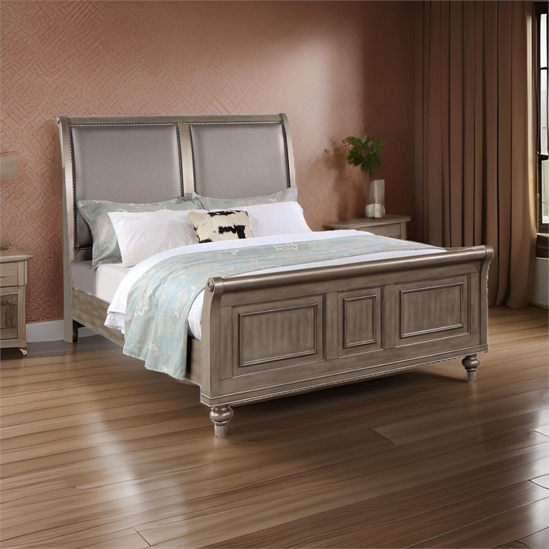 Benjara Ella Modern Queen Size Bed- Faux Leather Upholstery- Nailhead Trim- Gold