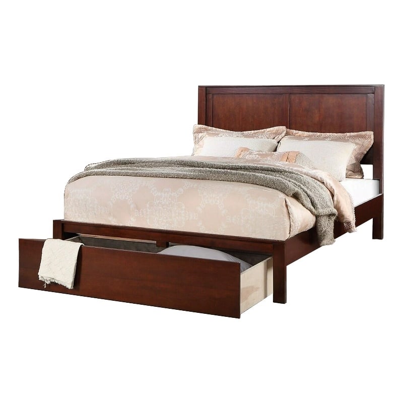 Benjara Kali Platform King Size Bed-Panel Design-1 Storage Drawer-Cherry Brown