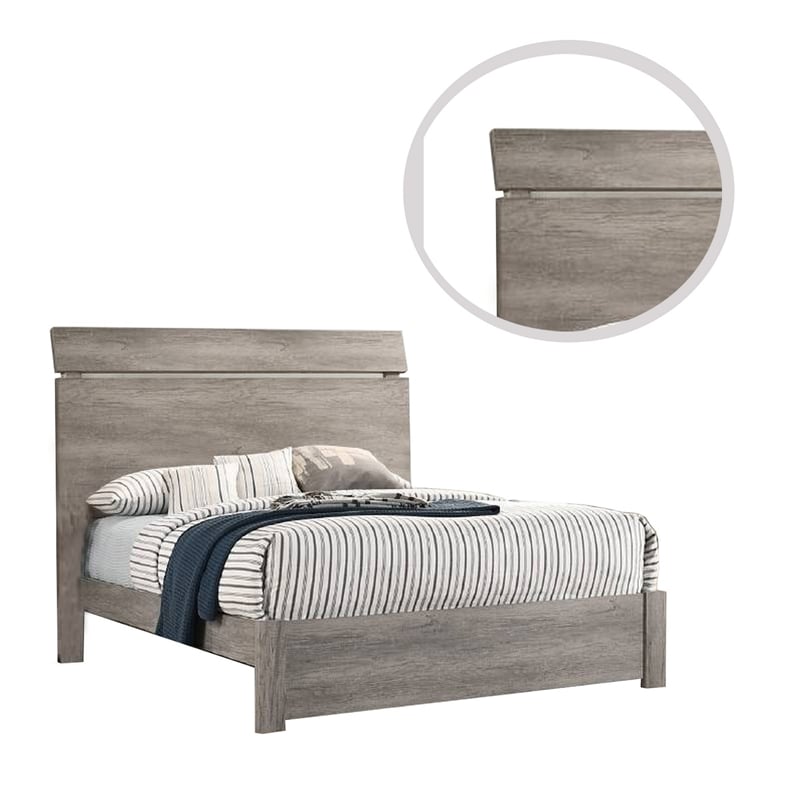 Benjara Posy Platform California King Bed- Split Headboard- Distressed Gray Wood